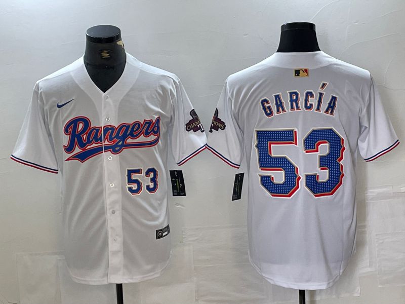 Men Texas Rangers 53 Garcia White Champion Game Nike 2024 MLB Jersey style 2